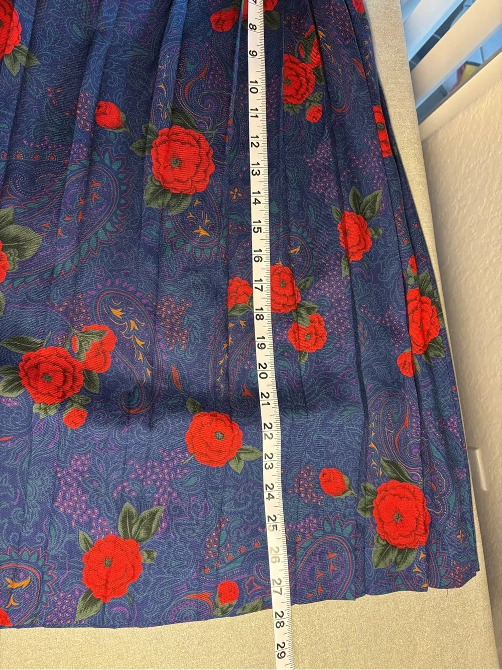 Vintage Pendleton Navy Floral Pleated Blouse and Midi Skirt Set with Red Rose
